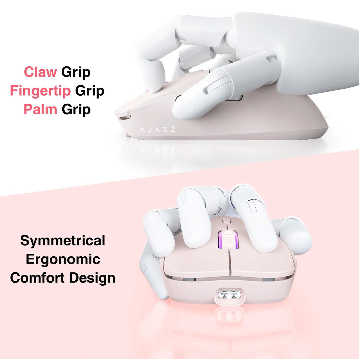 Ajazz Wireless Gaming Mouse - 26000DPI, 6 Macro Buttons, USB-C Rechargeable, Ultralight 59g, Pink