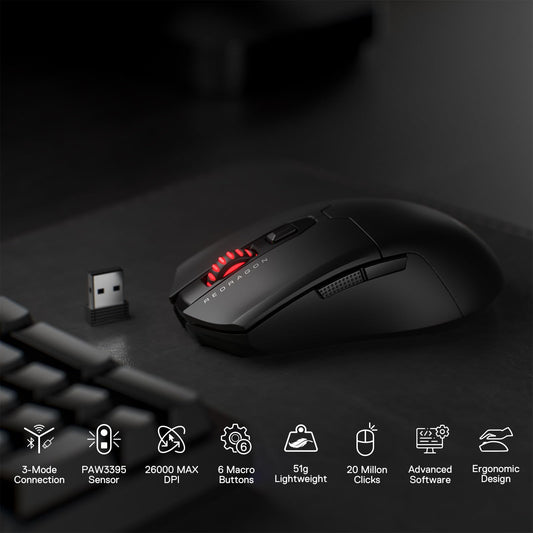 Redragon M995 Pro Wireless Gaming Mouse - 26000 DPI, Ergonomic, 6 Macro Buttons, 51G Lightweight, Black