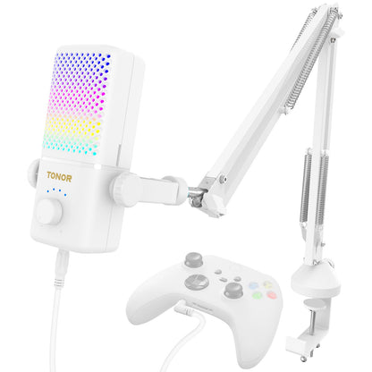 TONOR Gaming Mic TCX3+ - RGB Streaming Boom Mic, 30H Battery Life, Low Noise, White, 16.14x5.67x5.04IN
