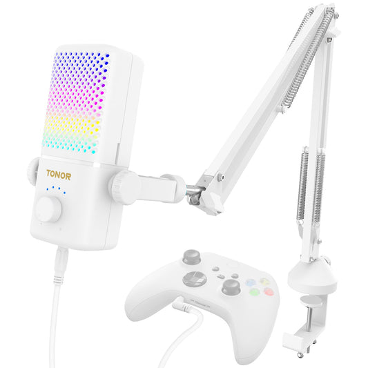TONOR Gaming Mic TCX3+ - RGB Streaming Boom Mic, 30H Battery Life, Low Noise, White, 16.14x5.67x5.04IN