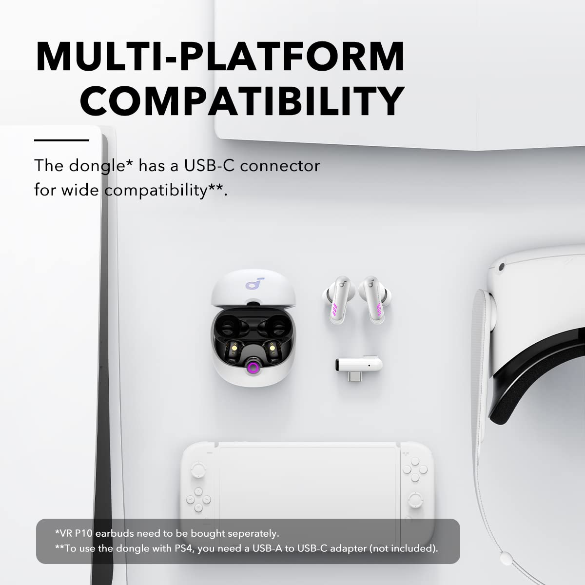 Soundcore VR P10 Dongle - 2.4GHz Wireless USB-C for Meta Quest 2, PS4, PS5, PC, Switch, Low Latency, White