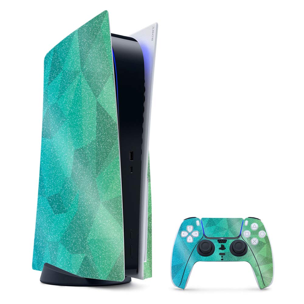 MightySkins Glossy Glitter Gaming Skin for PS5 / PlayStation 5 Bundle - Blue Green Polygon | Durable High-Gloss Glitter Finish | Easy to Apply and Change Style | Made in The USA
