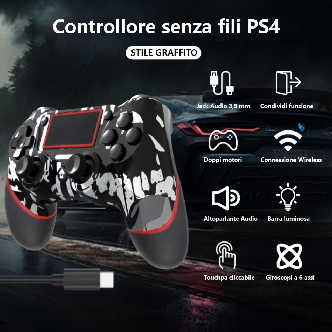 SZYUYU Wireless Controller for PS4 & PC, 3.5mm Audio Jack, Touch Pad, Motion Control, Black Skull Design