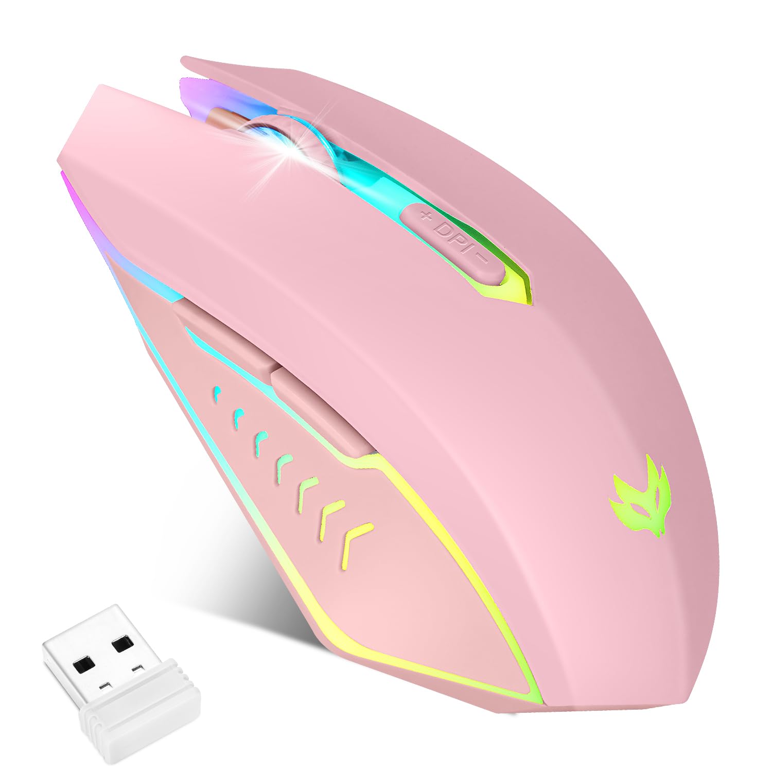 LuLabboard Wireless Gaming Mouse - Rechargeable  7-Color LED  Ergonomic with 6 Silent Click Buttons  3 Adjustable 2400 DPI for Laptop  PC  Mac  Pink