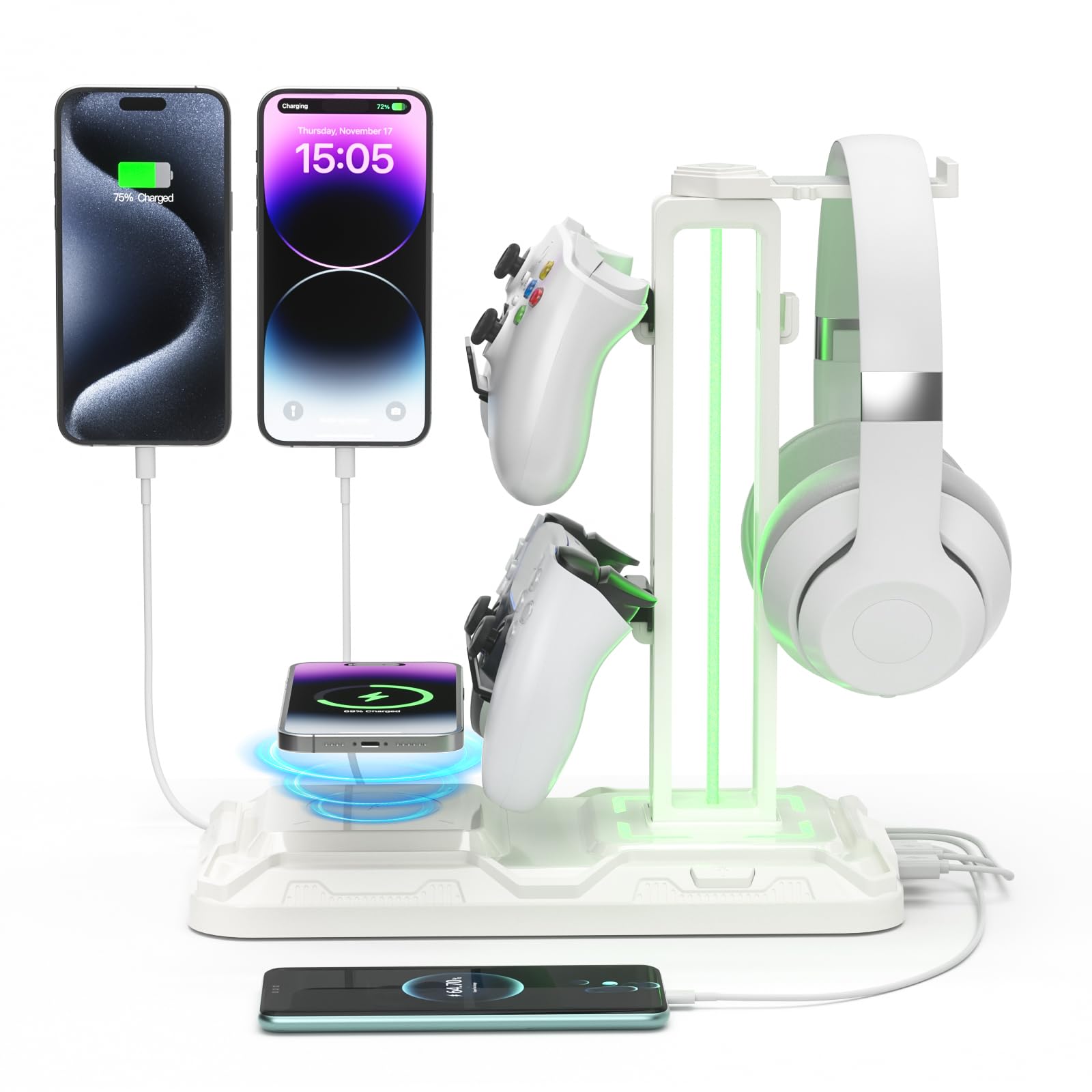KDD RGB Headphone & Controller Stand - Wireless Charging, 9 Light Modes, 2 USB Ports, White, Model KDD-752W
