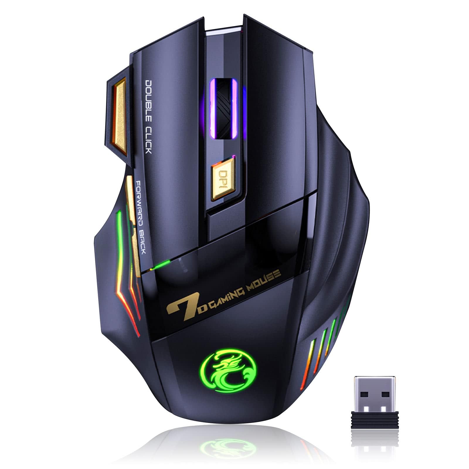 VEGCOO Wireless Gaming Mouse  Rechargeable Silent Wireless Mouse with 4800 DPI Adjustable Double Click Key  Colorful RGB Lights  Computer Mice with Thumb Rest for PC/Mac Gamer (C26 Black)
