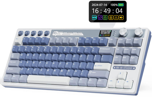 RK ROYAL KLUDGE M87 Wireless Gaming Keyboard with Screen and Dual Knob  75% Percent 2.4Ghz/Bluetooth/USB-C Mechanical Keyboard with Gasket Structure  RGB Backlit Hot Swappable Cream Switch  Blue