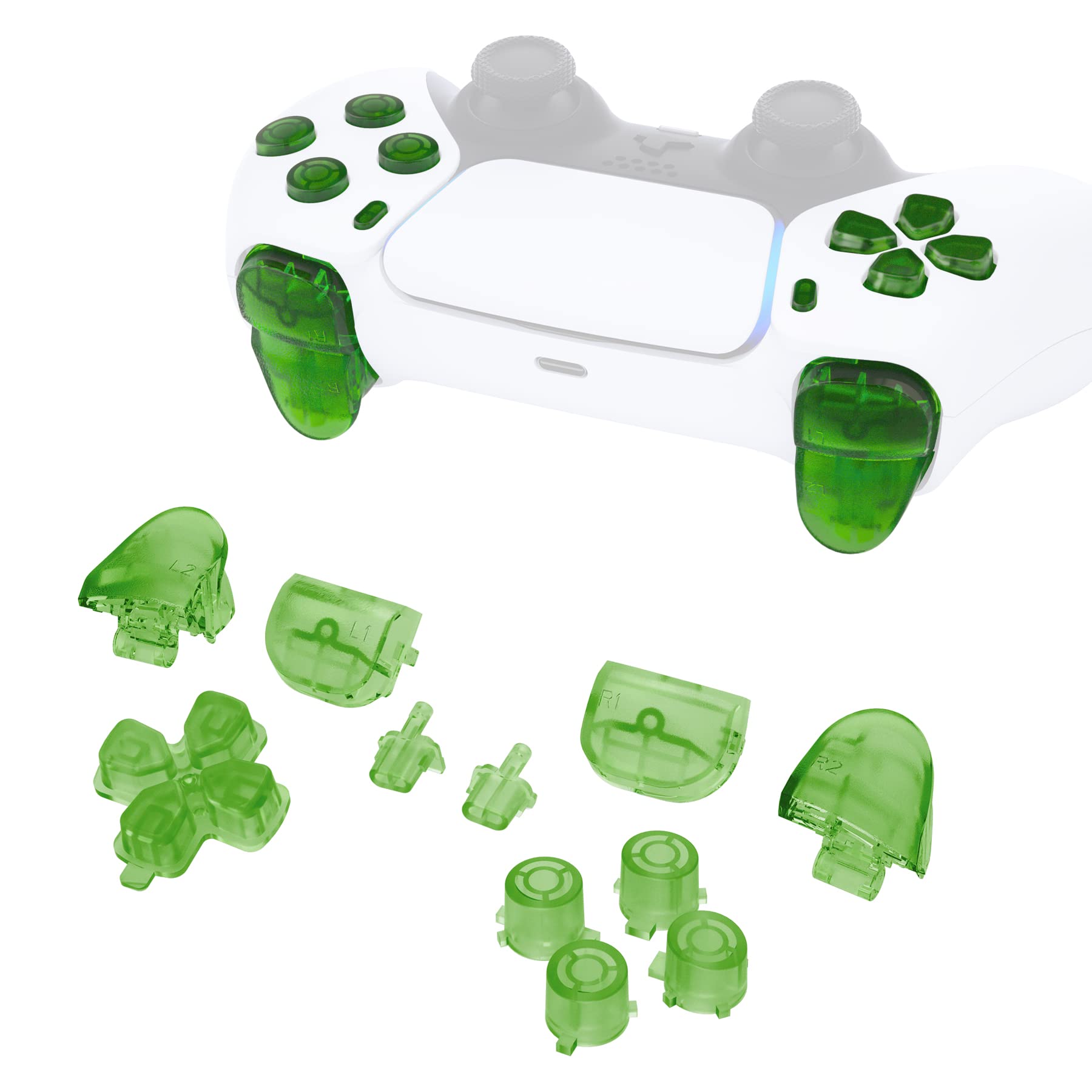 eXtremeRate Replacement D-pad R1 L1 R2 L2 Triggers Share Options Face Buttons  Clear Green Full Set Buttons Compatible with ps5 Controller BDM-010 & BDM-020