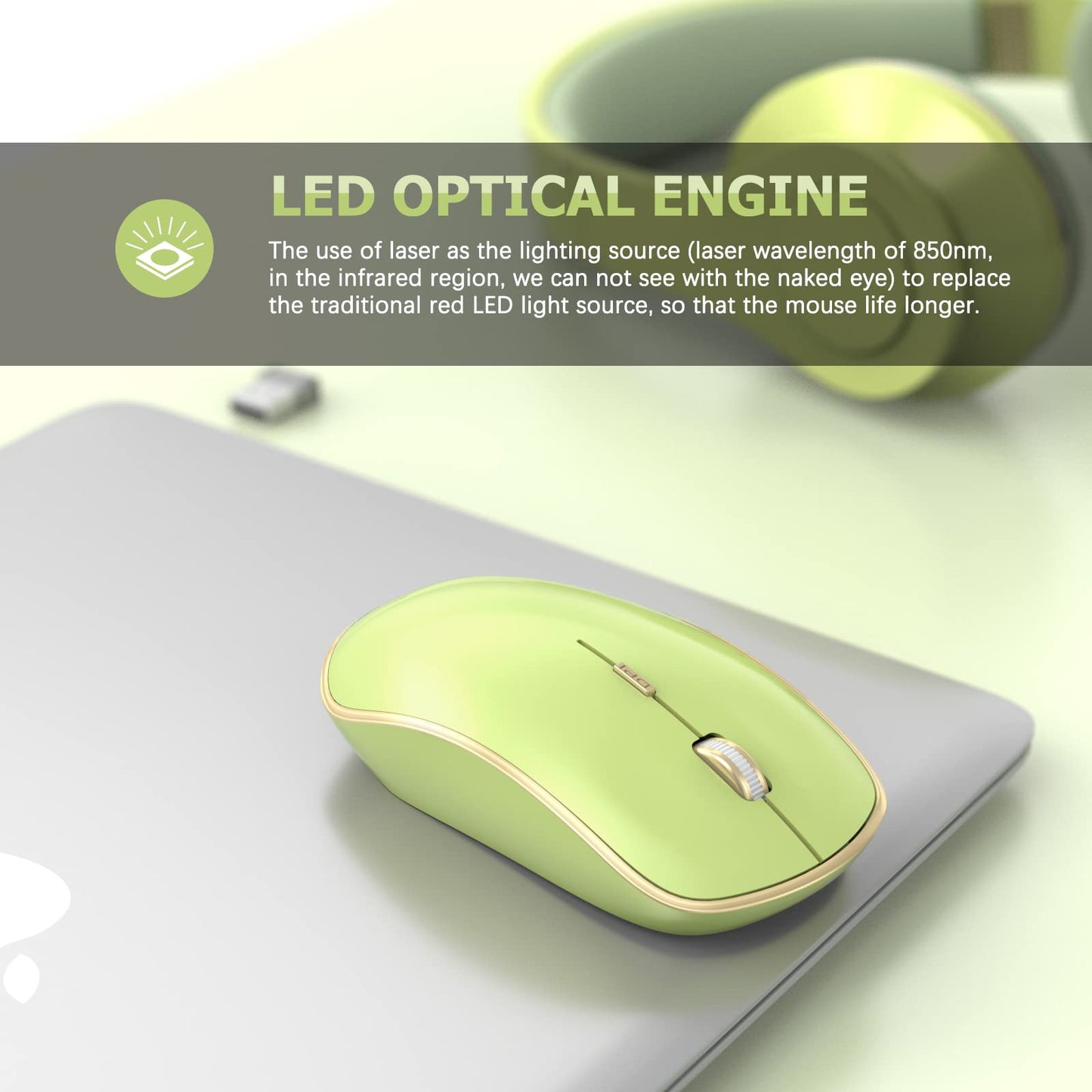 JOYACCESS Wireless Silent Mouse - 2.4G Portable USB Mouse, 5 Adjustable DPI, Light Green, Model J-2401