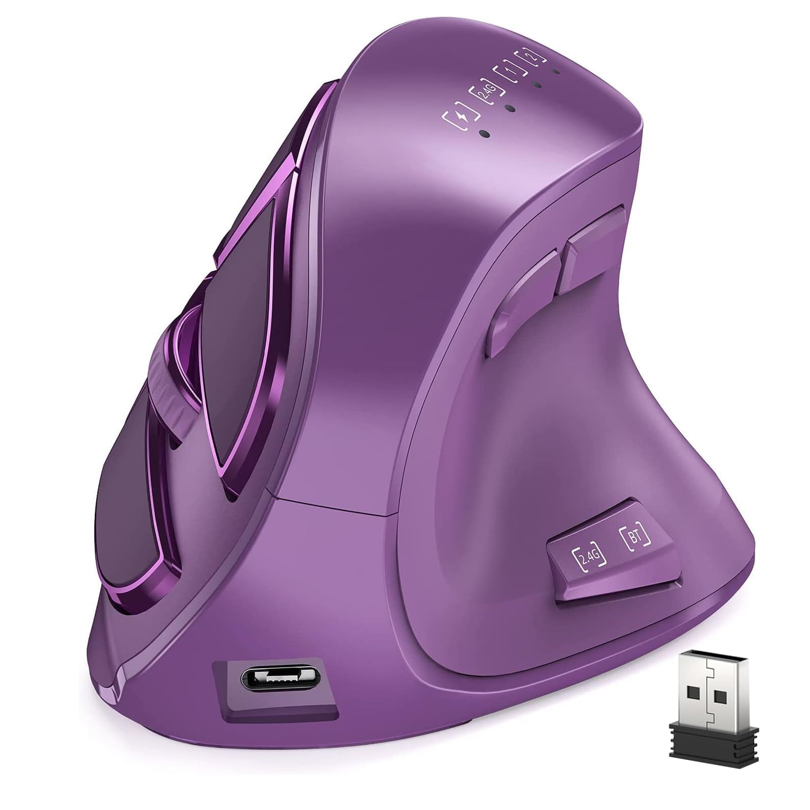 Vertical Mouse  Wireless Ergonomic Optical Mouse (BT 5.0 + Bluetooth 3.0 + USB Connection) with 9 Buttons  Rechargeable Computer Mouse for Wins PC/Laptop  Mac (Purple)