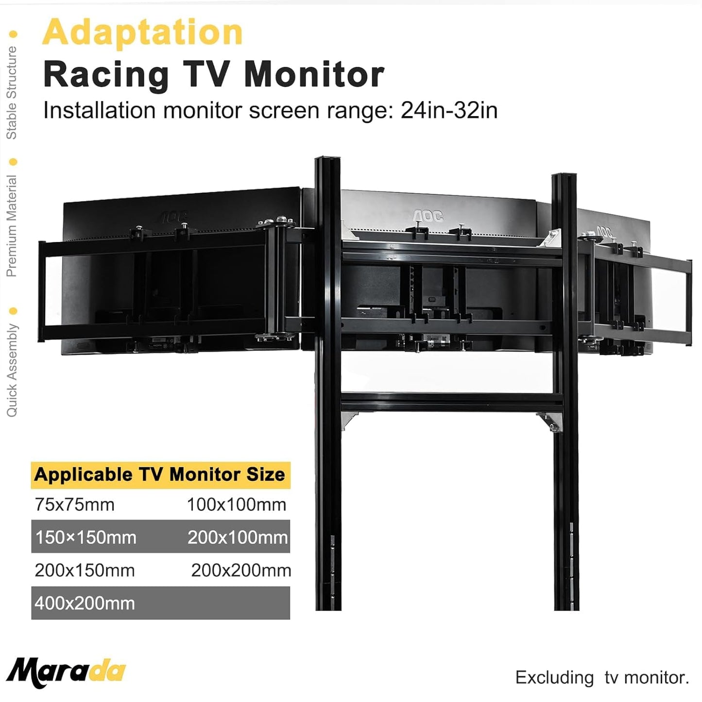 Marada Triple Monitor Stand - Aluminum Profile Cockpit for Racing Simulator - Black