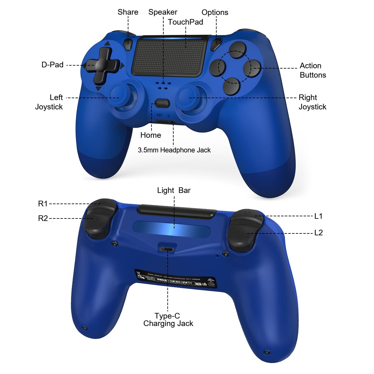 TIANHOO Wireless Controller for PS4 - Vibration Feedback, Motion Sensing, Touchpad, Light Bar, Blue