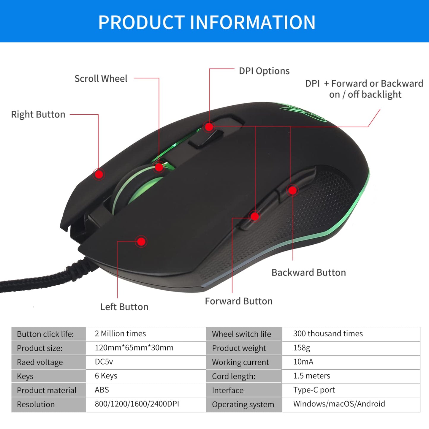 IULONEE USB Type C Wired Silent Mouse, Ergonomic 2400 DPI, 7 LED Backlight, Type-C Black for Windows PC, Laptop, MacBook