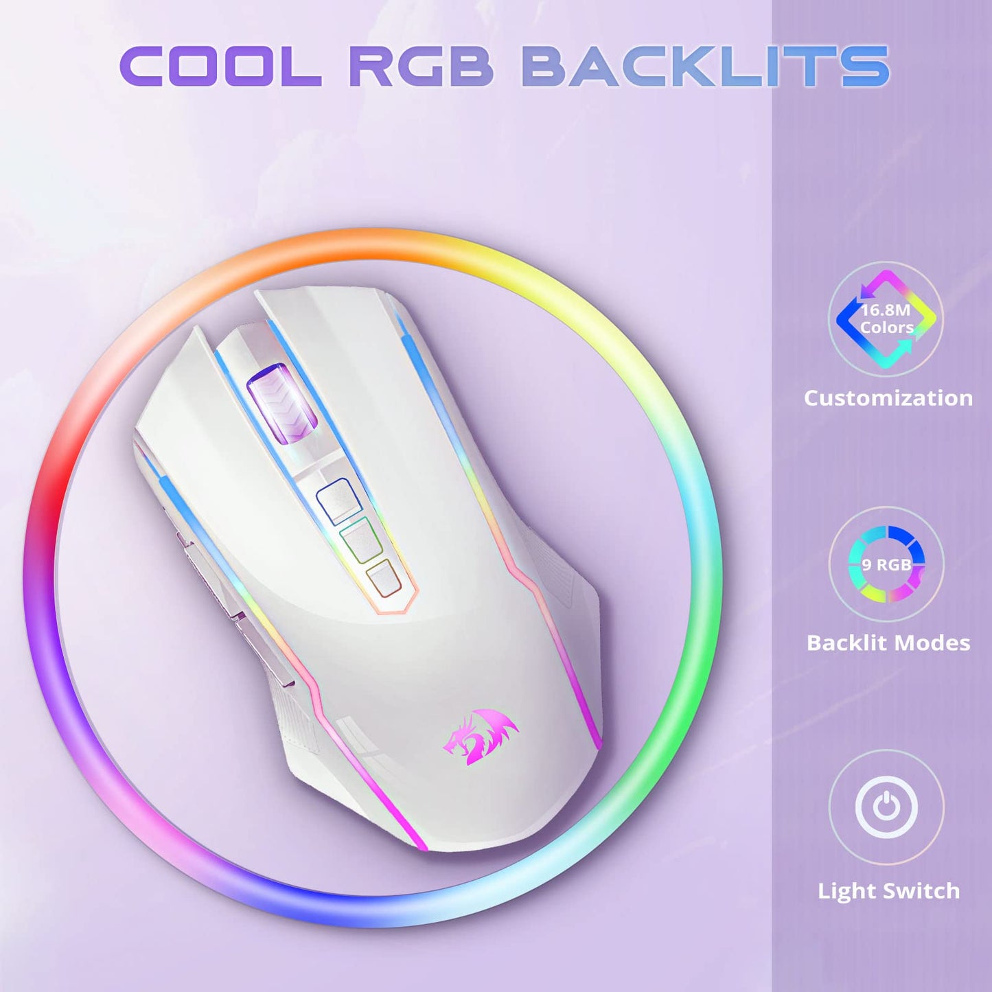 Redragon M910-WS Wireless Gaming Mouse, RGB Backlit, 8000 DPI, Rechargeable, White
