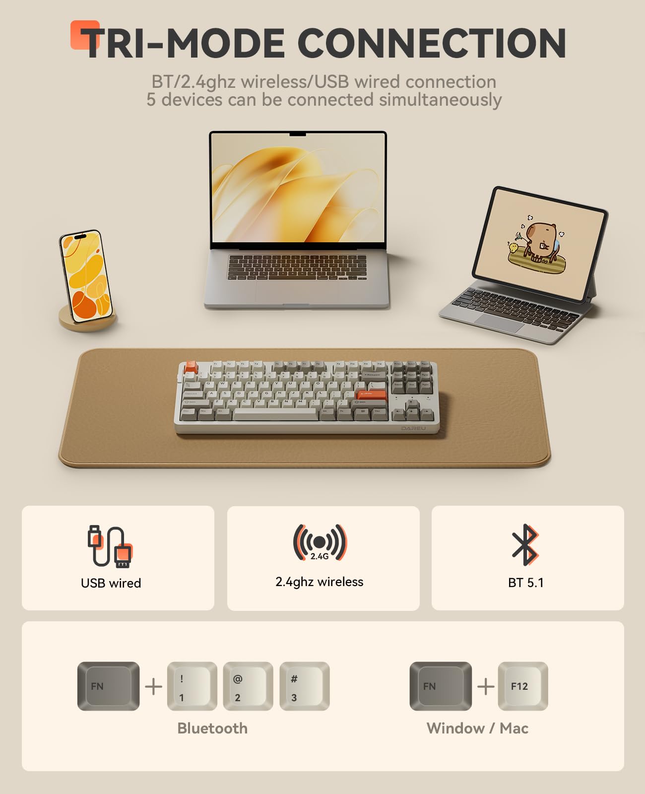 DAREU EK87PRO Wireless Mechanical Gaming Keyboard, TKL RGB, Hot-Swappable, Retro Beige, HIFI Dream Switch, Model EK87 PRO-BG-D