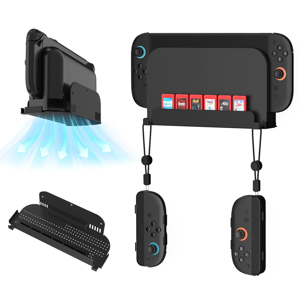 JDDWIN Wall Mount Stand for Nintendo Switch 2 (2025)/ Switch OLED  Metal Gaming Shelf Accessories for Wall with Joy-Con 2 Hanging Hook and 6 Game Storage Holder Safety Store Controller Holder (Black)