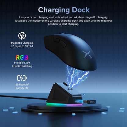 DeLUX M900PRO Wireless Gaming Mouse - 8000Hz, RGB Dock, 63g Ergonomic, PAW3395 Sensor, 26000DPI, Black