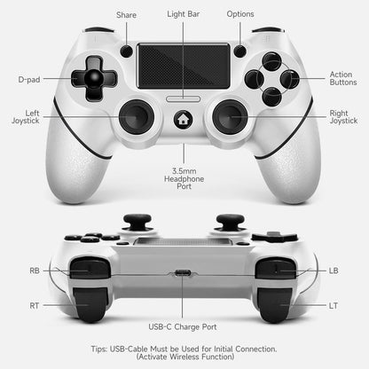 AceGamer Wireless PS4 Controllers - Non-Slip Grip, 2 USB-C Cables, White (2 Pack)