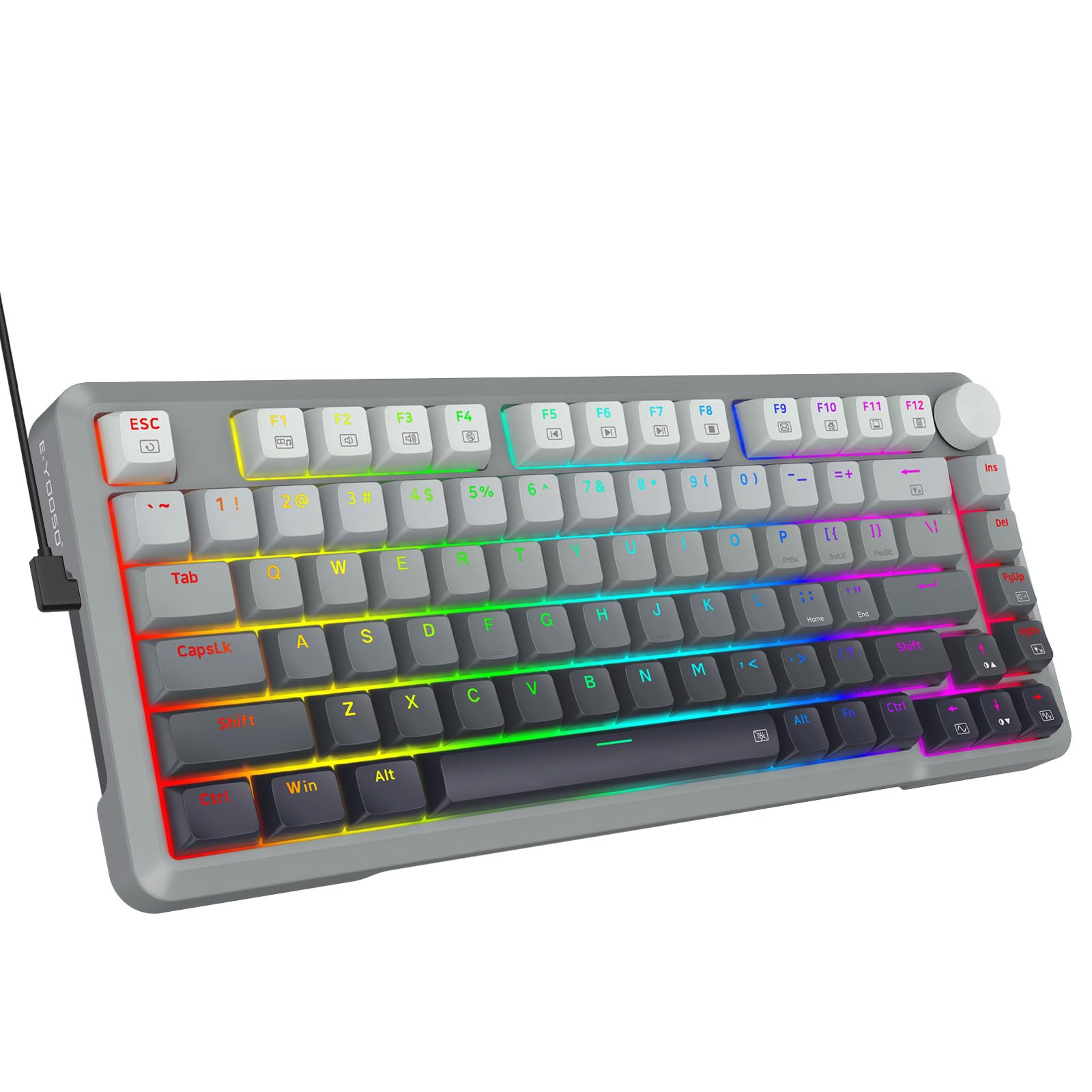 E-Yooso Rapid Trigger Gaming Keyboard  Hall Effect Magnetic Switch  Adjustable Actuation  8k Hz Polling Rate  Volume Knob  RGB Backlit  PBT Keycaps  75% Compact Wired for PC Gamer  Gray/Black