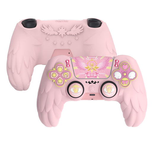 PlayVital Magic Wings Protective Silicone Cover Skin for ps5 Controller - Soft Anti-Slip Grip Protector Case for ps5 Controller with Thumbstick Caps & Stickers  Charging Station Compatible - Pink