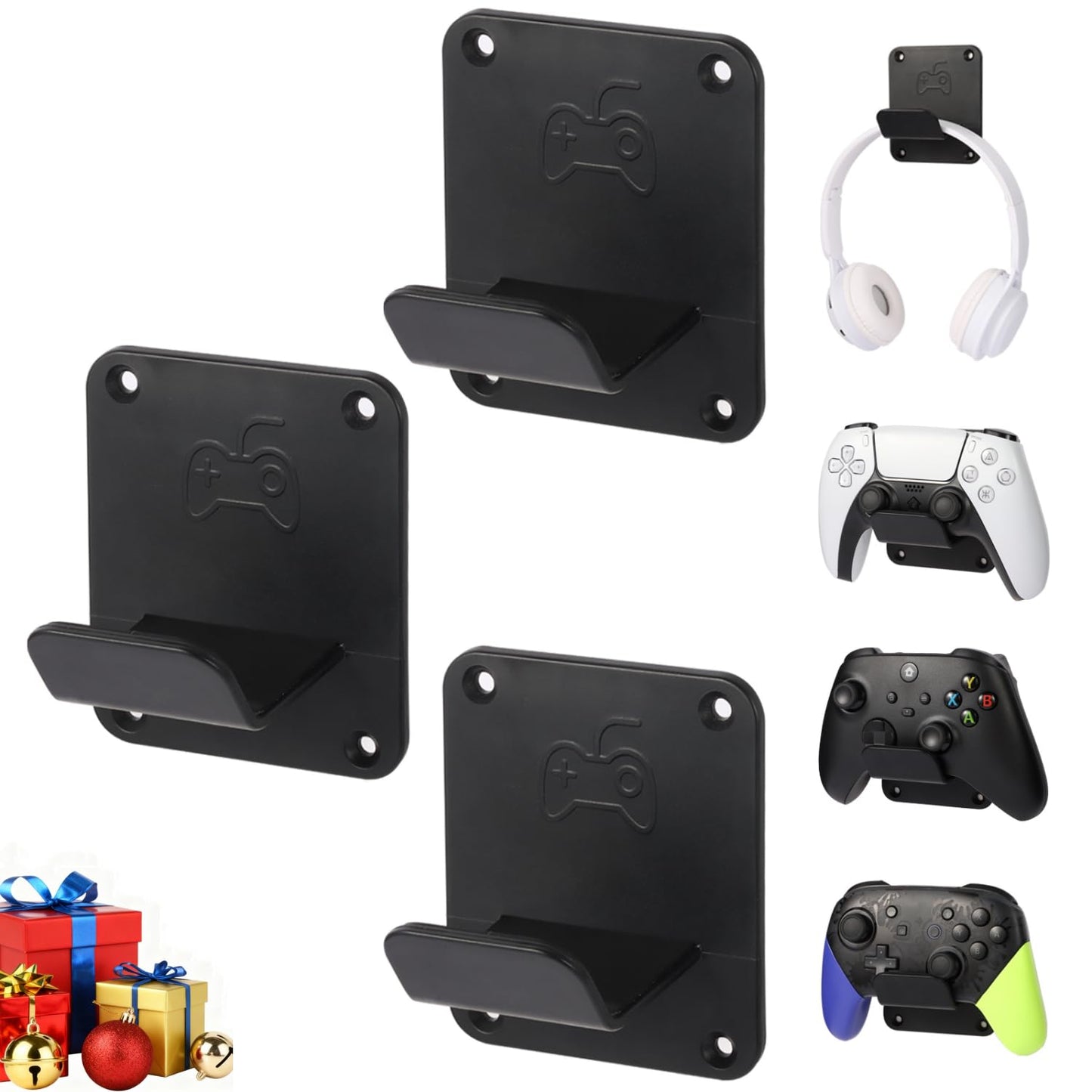 Qpfctwil Controller Holders Wall Mount 3 Pack Wall Stands With Non-Slip Pads  Premium Headphone Mount for Controllers and Headsets  Black  YCKJ-WM-01