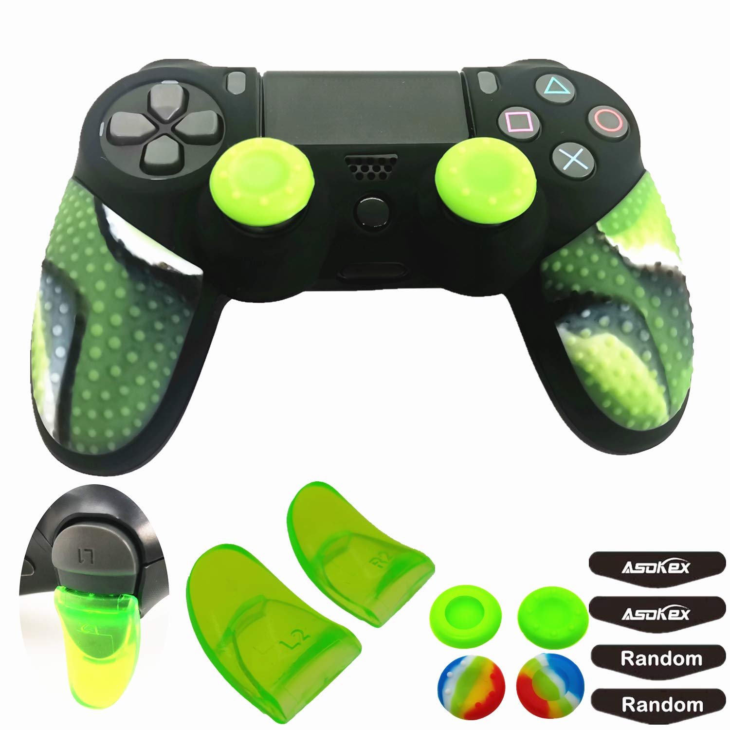 Silicone Skin Cover for Ps4 Slim/Pro DualShock Controller(1pc Anti-Slip Case  1 Pair L2 R2 Trigger Extender  4pcs Thumb Grips 4pcs LED Light Bar Protector Decal)(Double Green granular)