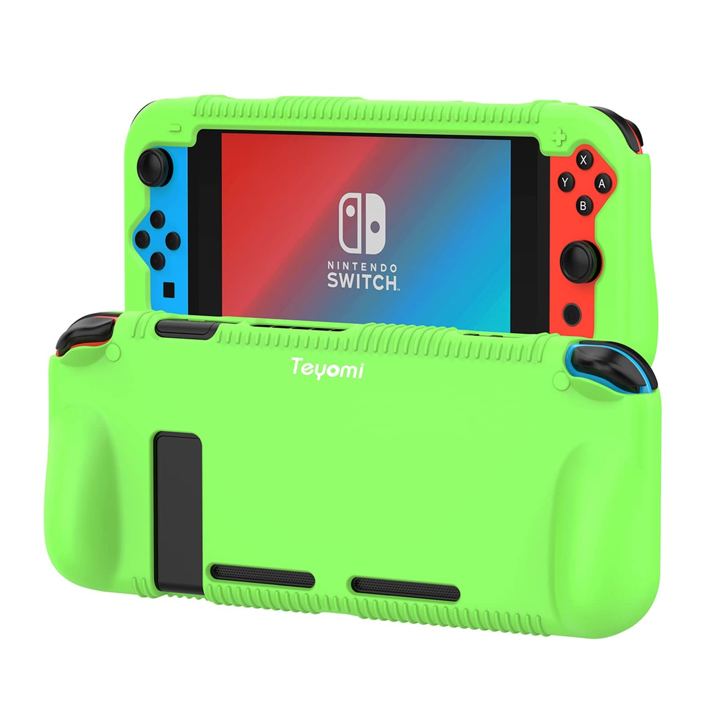 Teyomi Protective Silicone Case for Nintendo Switch  Grip Cover with Tempered Glass Screen Protector  2 Storage sections for Game Cards  Shock-Absorption & Anti-Scratch (Green)