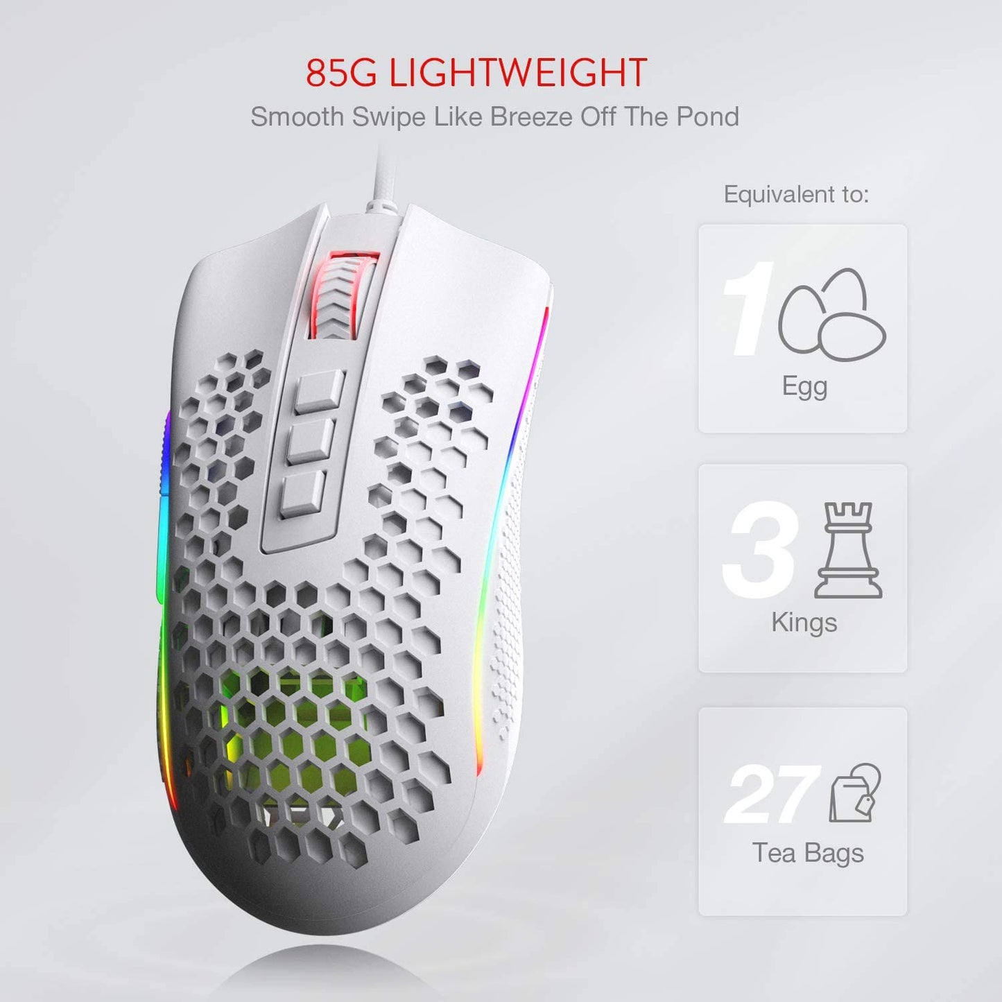 Redragon M808 Storm RGB Gaming Mouse - 12,400 DPI, 7 Buttons, Ultralight 85g, White