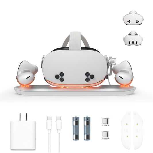 Charging Dock for Meta Quest 3S/Quest 3 with USB-C Charger  VR Magnetic Charging Station for Oculus Quest 3S with LED Indicator  2 Rechargeable Batteries and Cable (Quest 3S with Adapter)