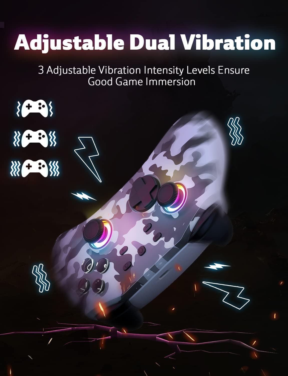 SIMGAL Wireless Switch Controller - RGB, Motion Control, Vibration, Turbo - Compatible with Switch/Switch Lite/OLED, Camo