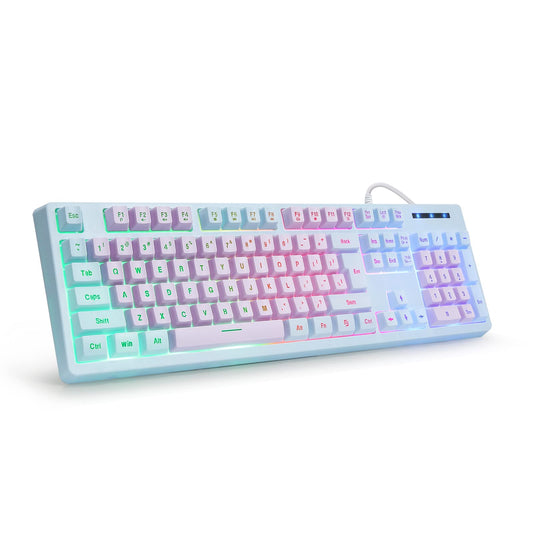 HUO JI Gaming Keyboard USB Wired with Rainbow LED Backlit  Floating Keys  Mechanical Feeling  Spill Resistant  Ergonomic for Xbox  PS Series  Desktop  Computer  PC  Purple Blue