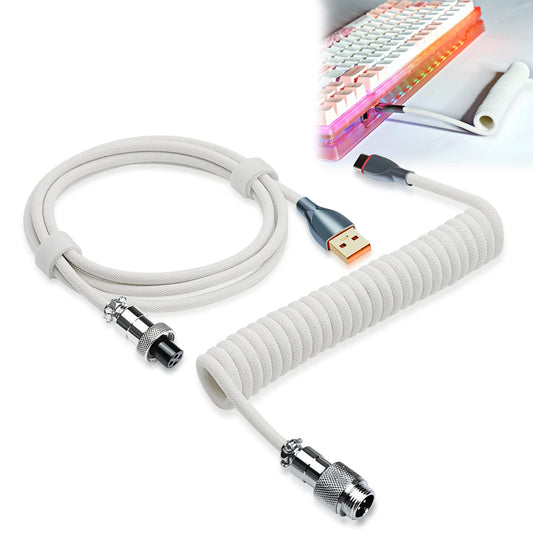 UCINNOVATE Pro Custom Coiled 1.8M USB C Cable for Gaming Keyboard  Double-Sleeved Mechanical Keyboard Cable with Detachable Metal Aviator  White