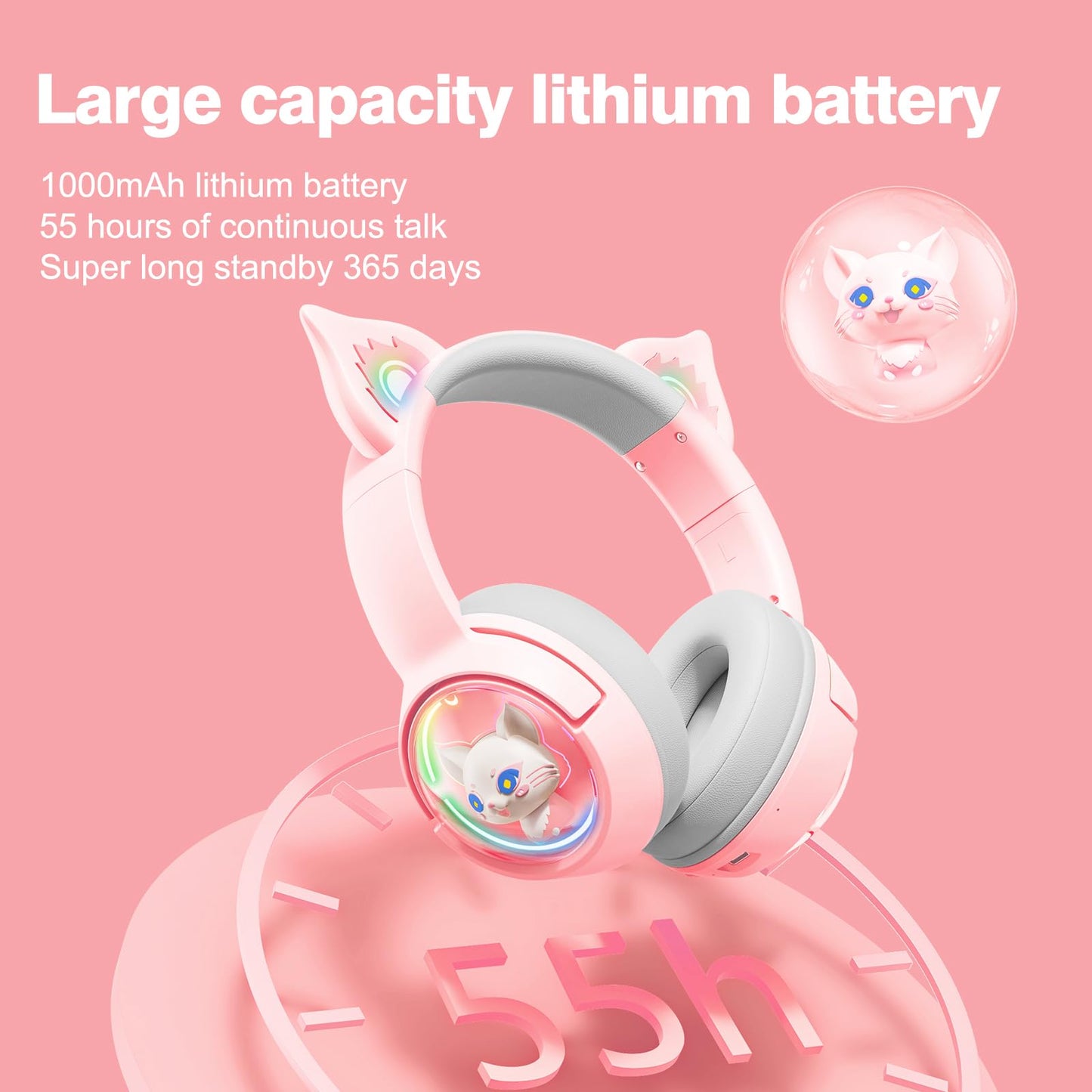 PHNIXGAM Cute Cat Bluetooth Headphones, Wireless/Wired, RGB LED Light, For Kids & Adults, Pink, Model B5