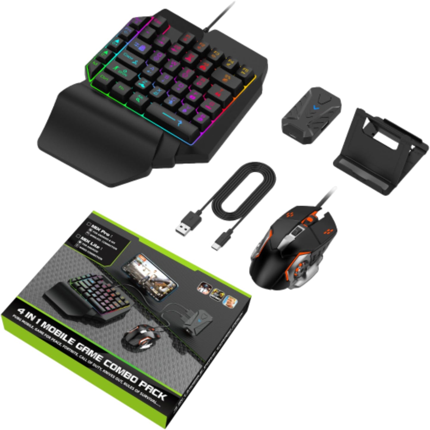 Half Hand Gaming Keyboard and Mouse Combo  4 in 1 Mobile Game Combo Pack  Mobile Gamepad Controller  One Handed Gaming Keyboard  Mouse Converter  Adjustable Phone Stand