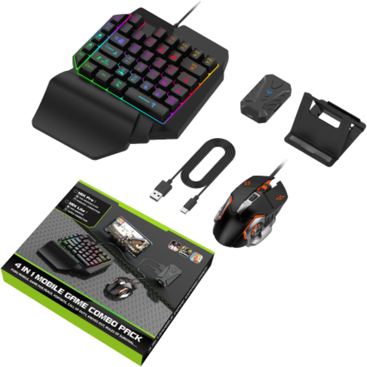 Half Hand Gaming Keyboard and Mouse Combo  4 in 1 Mobile Game Combo Pack  Mobile Gamepad Controller  One Handed Gaming Keyboard  Mouse Converter  Adjustable Phone Stand