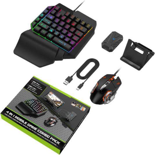 Half Hand Gaming Keyboard and Mouse Combo  4 in 1 Mobile Game Combo Pack  Mobile Gamepad Controller  One Handed Gaming Keyboard  Mouse Converter  Adjustable Phone Stand