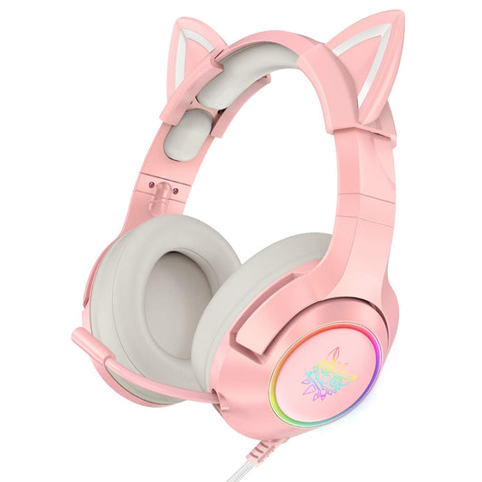 SIMGAL K9 CATEAR Pink Gaming Headset, Removable Cat Ears, RGB Backlight, Noise Canceling, Compatible with PC, PS4, PS5, Xbox One