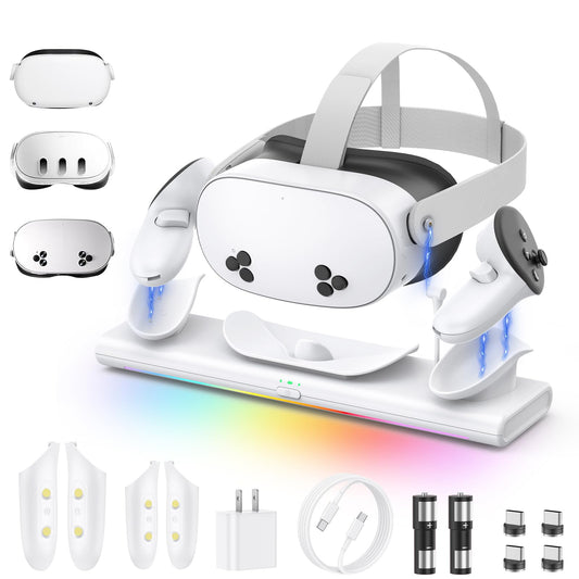 Charging Dock for Meta Quest 3S/3/2  PD 20W Fast Charging Station-Meta/Oculus Quest 3S/3/2 Accessories  Magnetic Charger Stand for VR Headset/Controller  RGB Light  Rechargeable Batteries&USB-C Cable