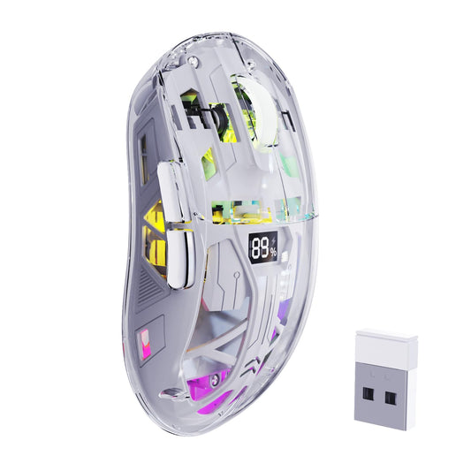 FREEWOLF A2 Transparent Wireless Gaming Mouse,Dual Mode BT 5.0/2.4G PC Gaming Mice,PixArt 3212 5 Adjustable DPI,Rechargeable Sil