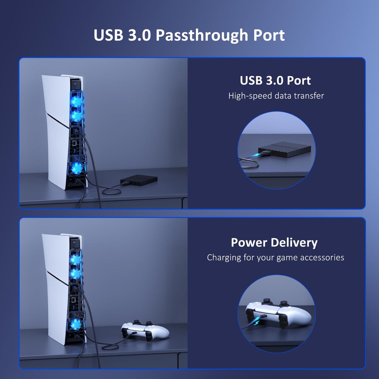 NexiGo PS5 Slim Cooling Fan - Adjustable Speed, Auto Power On/Off, USB 3.0, Black, Model 3538 BLK