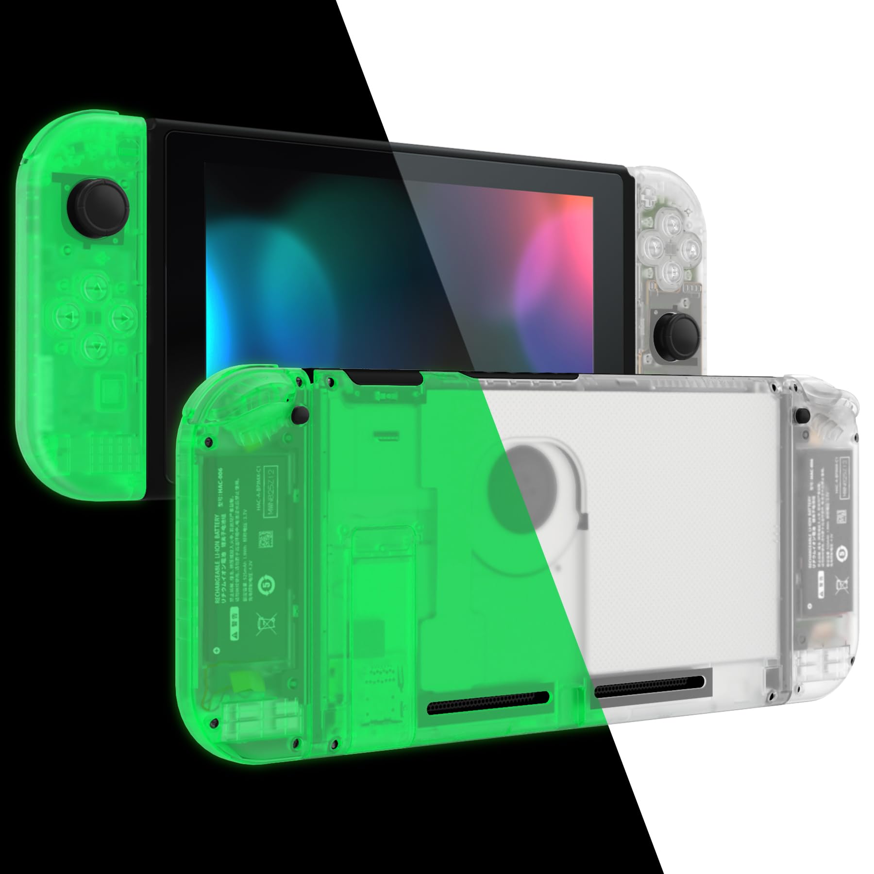 eXtremeRate DIY Replacement Shell Buttons for Nintendo Switch  Back Plate for Switch Console  Housing with Colorful Buttons for Joycon Handheld Controller - Glow in Dark - Green [No Electronics Parts]