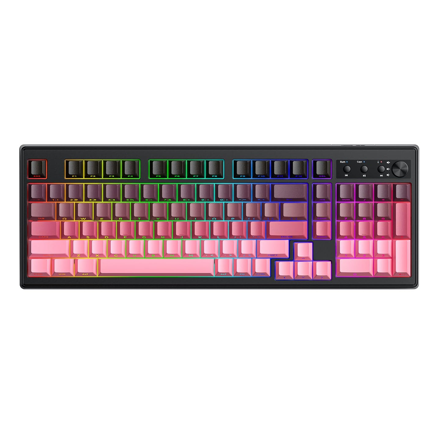 FREEWOLF K100 99 Keys Gaming Membrane Wireless Keyboard with Media Knob Tri-Mode BT/2.4GHz/USB-C Side Printed Keys RGB Backlit Retro Cute Creamy Silent Computer Keyboard for MAC PC- Gradient Pink