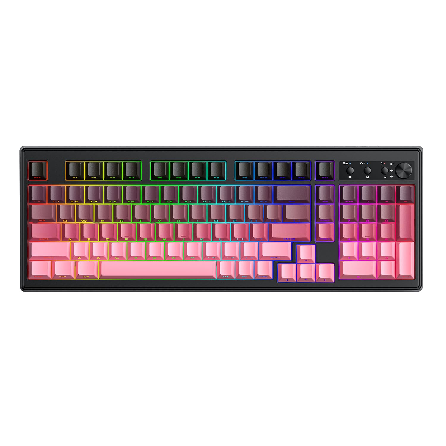 FREEWOLF K100 99 Keys Gaming Membrane Wireless Keyboard with Media Knob Tri-Mode BT/2.4GHz/USB-C Side Printed Keys RGB Backlit Retro Cute Creamy Silent Computer Keyboard for MAC PC- Gradient Pink