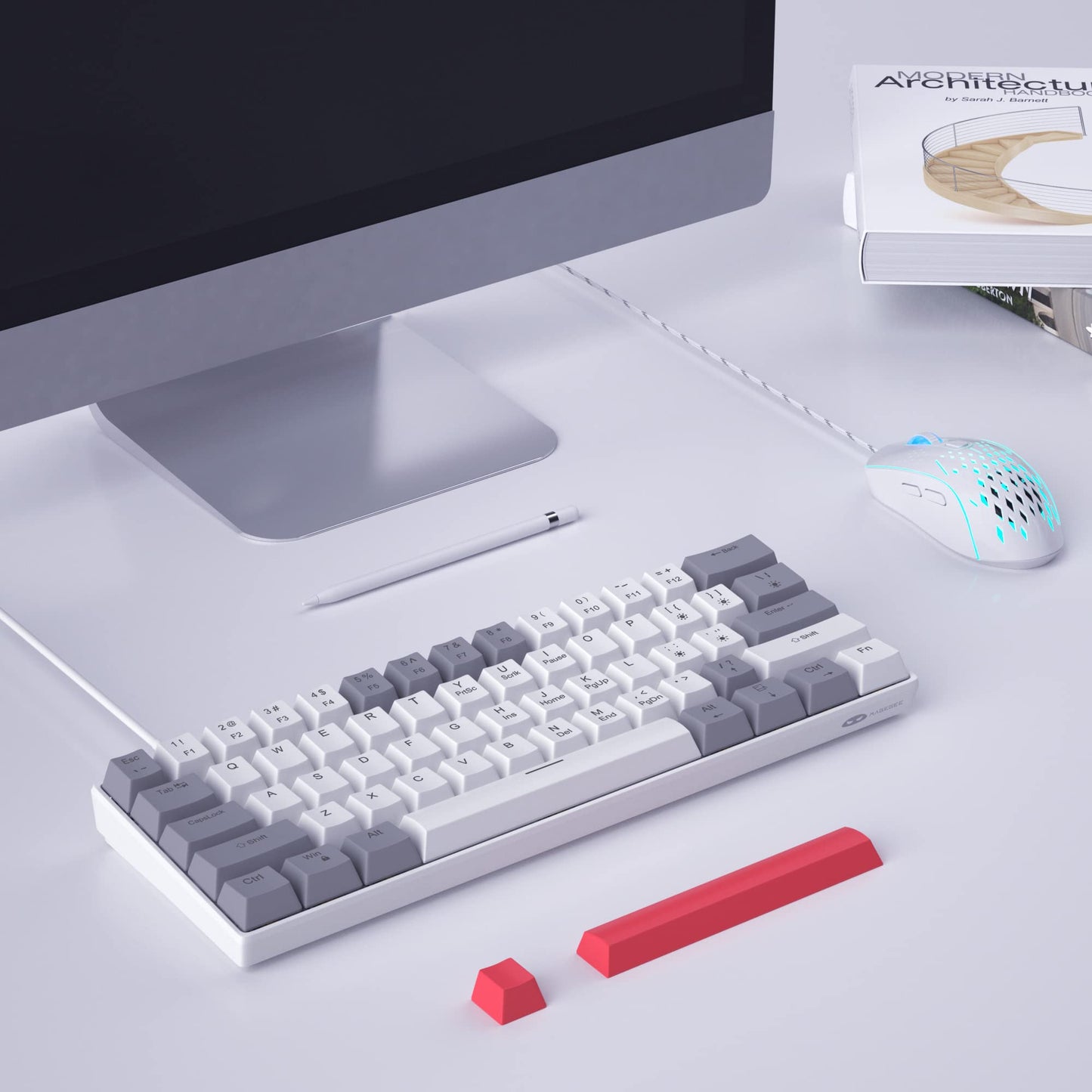 Camiysn 60% Mechanical Gaming Keyboard - Grey & White, Hot Swappable Red Switches, Mini Size, Wired Type-C, Powder Blue Backlight