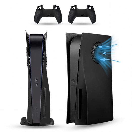 PEYANZ Faceplate for PS5 Console  Cover Plate  ABS Shell  Anti-Scratch Skin  Heat Dissipation  Dustproof  with Extra 2 Controller Silicone Covers (Black-with Vents)