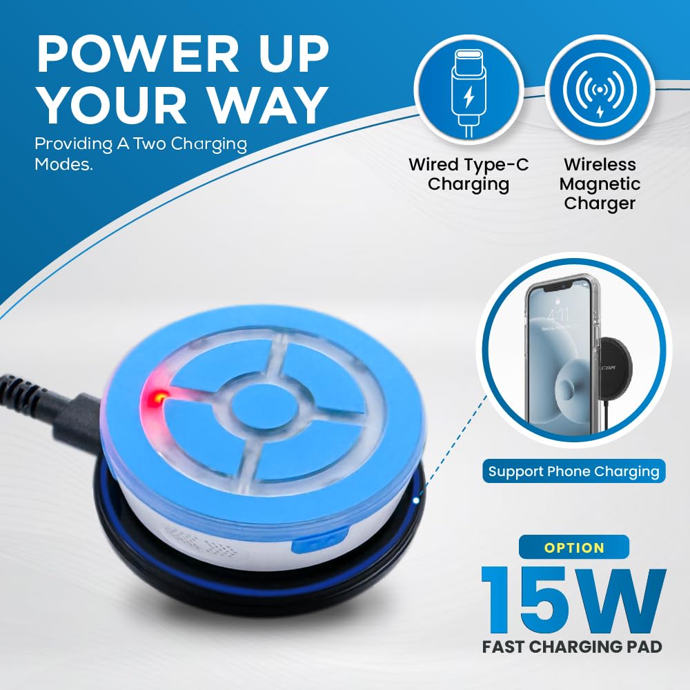 megacom DuoMon3 Dual Accounts Pocket Auto Catcher, IPX7 Waterproof, Bluetooth 65ft, USB-C & Wireless Charging, Blue