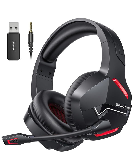 BINNUNE 2.4GHz Wireless Gaming Headset  Bluetooth 5.3 Gaming Headphones with Noise Canceling Mic  120H Ultra-Long Battery  50mm Drivers  Multi-Platform for PC / PS5 /PS4/ Switch/Mobile  Red