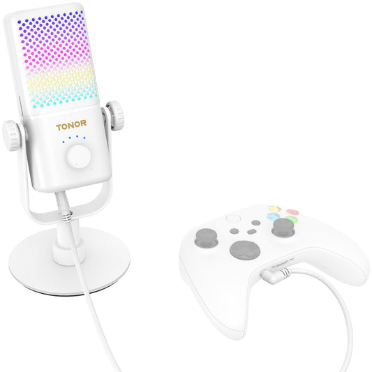 TONOR RGB Gaming Microphone with Gain Control, Quick Mute, 30H Battery Life, 7.48x5.31x4.53IN, White, Model TCX3