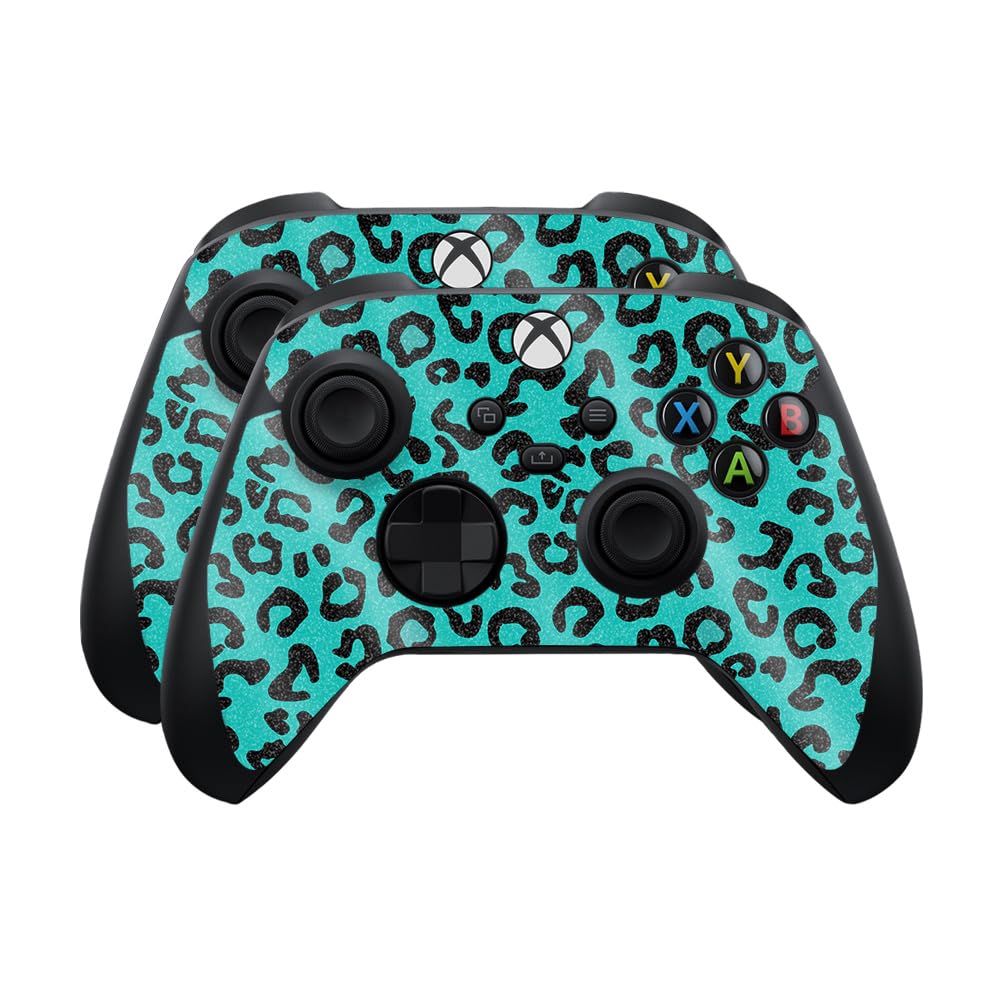 Glossy Glitter Skin Compatible with Microsoft Xbox Series X|S Controller (2 Pack) - Teal Leopard - Premium 3M Vinyl Protective Wrap Decal Cover - Easy to Apply | Crafted in The USA by MightySkins