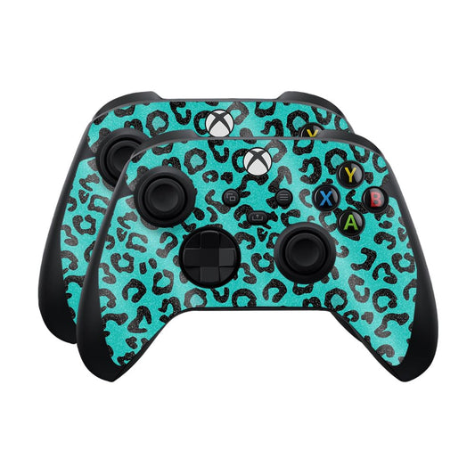 Glossy Glitter Skin Compatible with Microsoft Xbox Series X|S Controller (2 Pack) - Teal Leopard - Premium 3M Vinyl Protective Wrap Decal Cover - Easy to Apply | Crafted in The USA by MightySkins